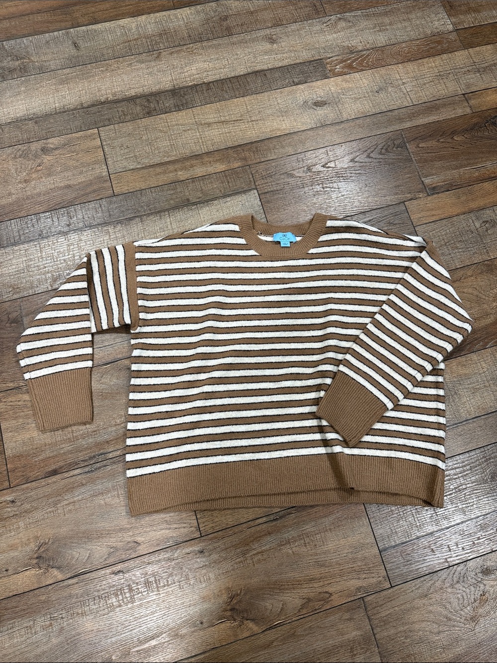 CeCe Brown and White Striped Crewneck Sweater - Picture 1 of 1